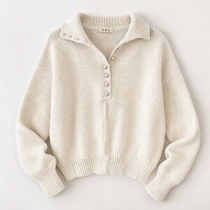 POL | Cream Henley Pullover Sweater Pearl Gold Buttons Size Medium